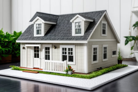 Miniature real estate house for sale on the white table, lifestyle, super realistic, highly detailedの素材