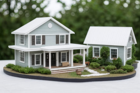 Miniature real estate house for sale on the white table, lifestyle, super realistic, highly detailedの素材