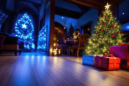 Christmas gifts under a Decorated Christmas tree in the guest room,  vibrant colorsの素材