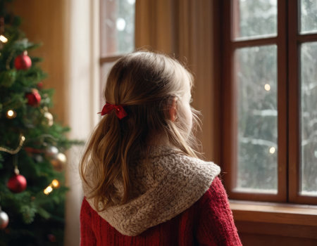 back view closeup portrait of anonymous little girl looking out of the window in cozy Christmas room in very warm lightingの素材