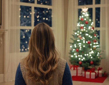 back view of anonymous girl by the Christmas tree looking out of the window in cozy roomの素材