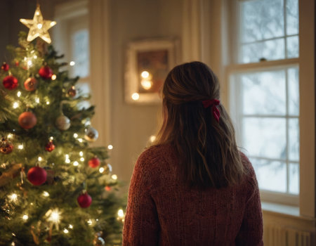 back view of anonymous girl by the Christmas tree looking out of the window in cozy roomの素材