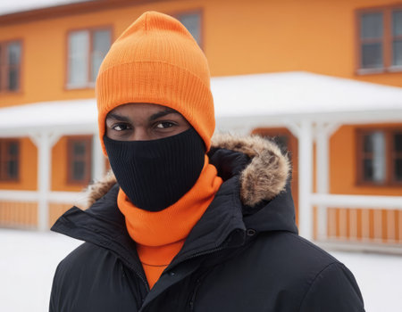 Black fashionable man model in stylish orange winter balaclava hat on orange backgroundの素材