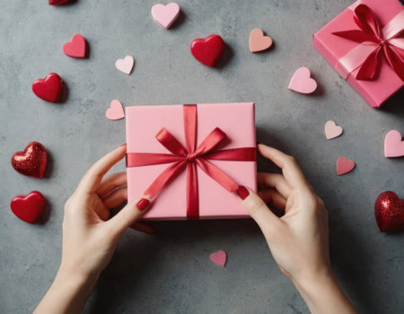 Close up on female hands holding a gift in a pink heart presents for valentine day, birthday, mother's day. Flat lay.
Symbol of love. Valentines day background with a gift boxes on concrete boardの素材