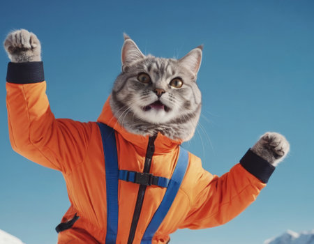 grey British cat jumping on a blue background. in a orange ski suit and by skiの素材