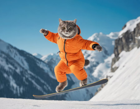 grey British cat jumping on a blue background. in a orange ski suit and by skiの素材