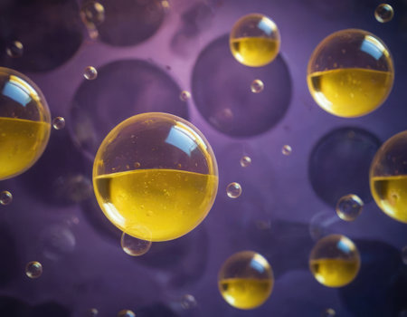 Purple and yellow soap bubbles in paint create an abstract design suitable for a colorful backgroundの素材