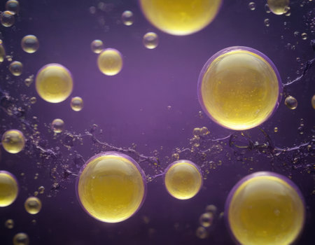 Purple and yellow soap bubbles in paint create an abstract design suitable for a colorful backgroundの素材