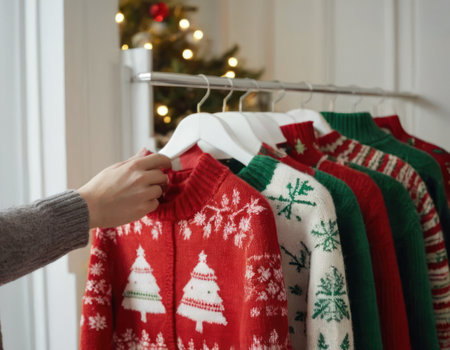 Woman's hand choosing Christmas sweater from rack near white wall, closeupの素材