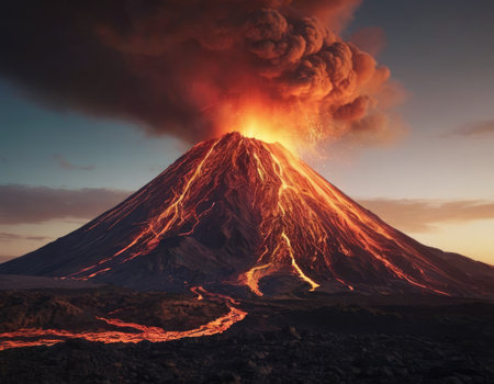 Volcano illustration background at sunsetの素材