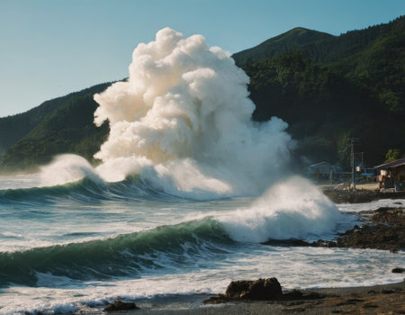 Tsunami, earthquake in Japan near coastlineの素材