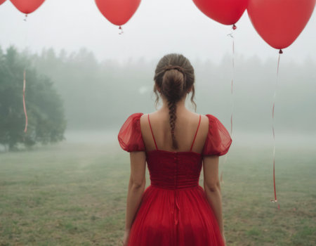 A woman in a red dress stands with her back to us in the fog and there are many red balloons in the air aroundの素材