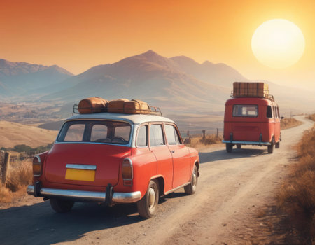 A small red retro car drives off into the distance towards the hills above which there is a huge orange sun, tourist suitcases on the roof of the car, in the distance you can see hills in the haze, ultra wide shotの素材