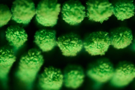 Detailed view of green plant structures illuminated brightly, showing unique textures and shapes in...
