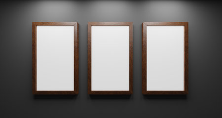 Three golden rectangle frames isolated on black background. 3D rendering.の写真素材