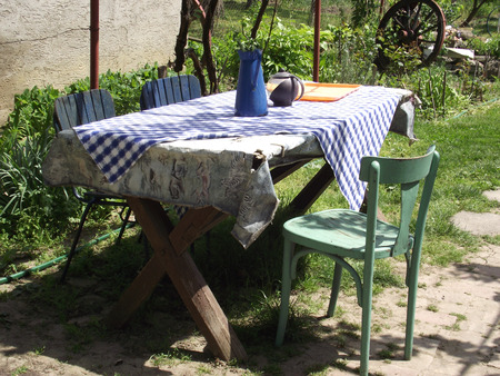 The old table in the garden of one of Banat farms.の写真素材