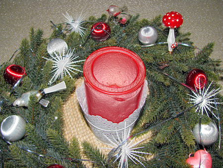 candle and Christmas wreathの写真素材