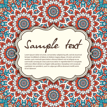 Elegant card with lace ornament and place for text on background. Vintage style. Wedding invitation. Vector mandala.のイラスト素材