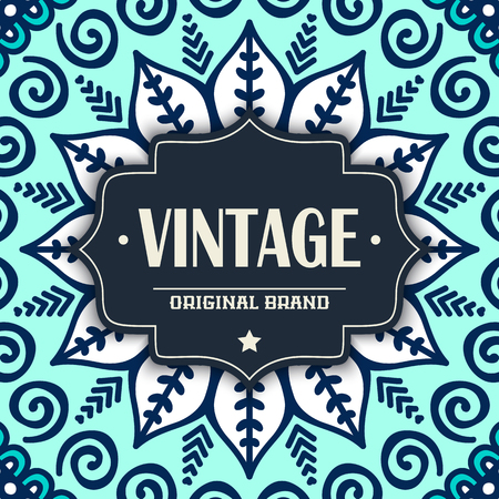 Elegant card with lace ornament and place for text on background. Vintage style. Wedding invitation. Vector mandala.のイラスト素材