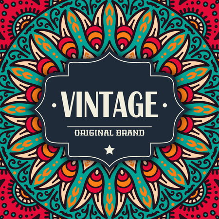 Elegant card with lace ornament and place for text on background. Vintage style. Wedding invitation. Vector mandala.のイラスト素材