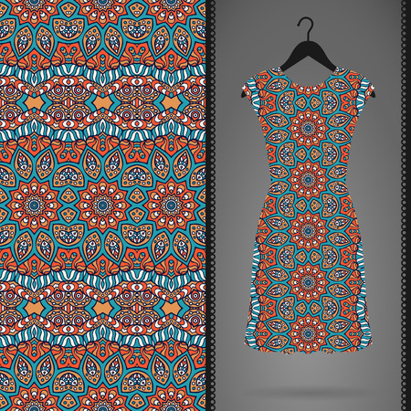 Dress with seamless pattern. Vintage decorative elements. Hand drawn background. Perfect for printing on fabric or paper.のイラスト素材