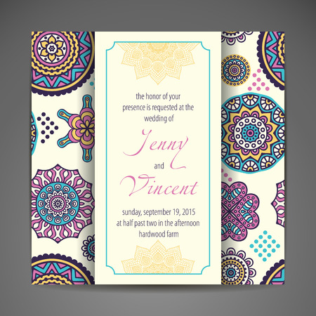 Elegant Indian ornamentation on a dark background. Stylish design. Can be used as a greeting card or wedding invitationのイラスト素材
