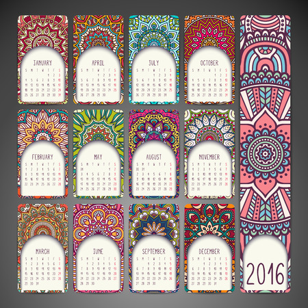 Calendar with mandalas. Hand draw ethnic patternのイラスト素材