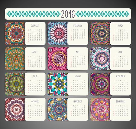 Calendar with mandalas. Hand draw ethnic patternのイラスト素材