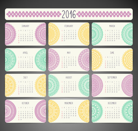 Calendar with mandalas. Hand draw ethnic patternのイラスト素材
