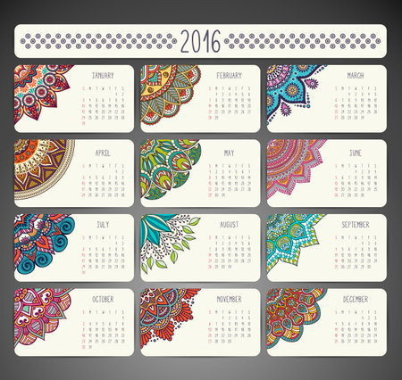 Calendar with mandalas. Hand draw ethnic patternのイラスト素材
