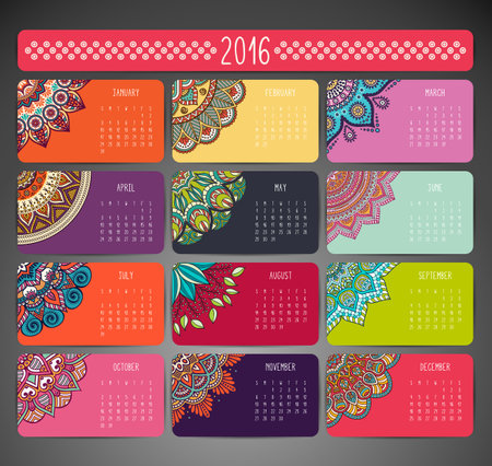 Calendar with mandalas. Hand draw ethnic patternのイラスト素材