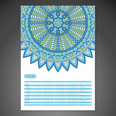 Calendar 2016. Vintage decorative elements. Ornamental floral business cards, oriental pattern, vector illustration.のイラスト素材