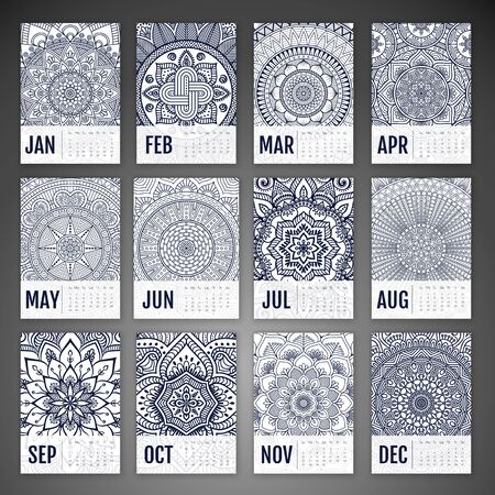 Calendar 2016. Vintage decorative elements. Ornamental floral business cards, oriental pattern, vector illustration.のイラスト素材