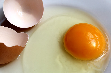a broken raw egg with a shell on a plateの写真素材