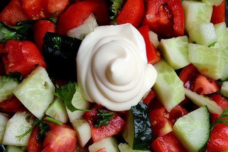 Summer salad of fresh vegetables with mayonnaiseの写真素材