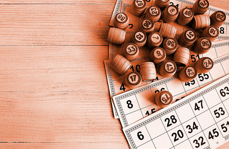 board game lotto with cards and wooden kegsの写真素材