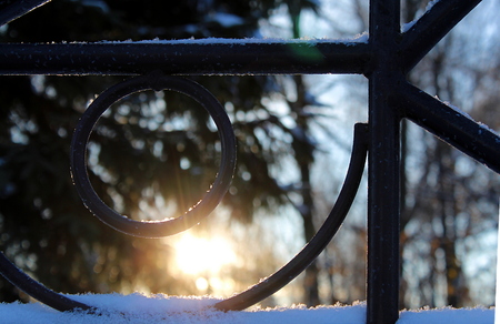 Through the iron fence photographed the winter sunの写真素材