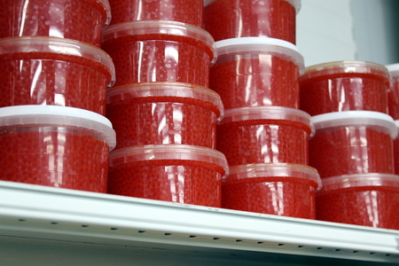 A lot of red caviar is on store shelvesの写真素材
