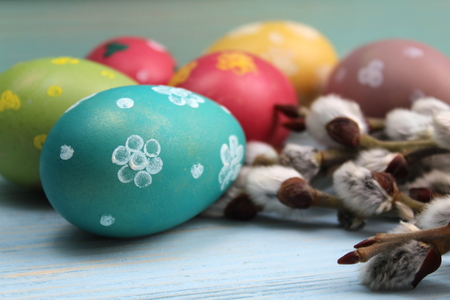 Willow painted eggs on a blue backgroundの写真素材