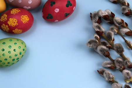 Willow painted eggs on a blue background
