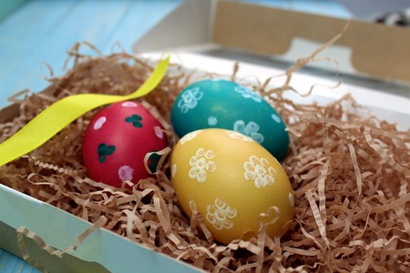 Easter three eggs boxed as a giftの写真素材