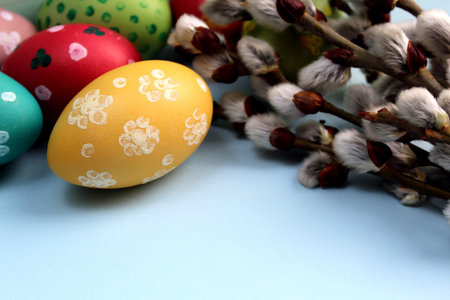 Willow painted eggs on a blue background