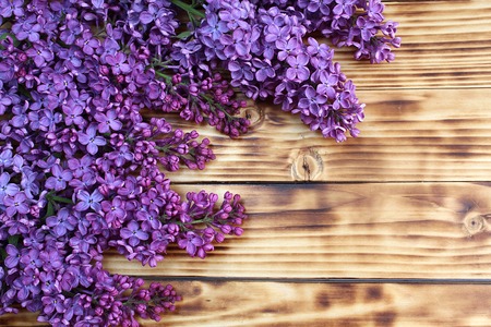 On the wooden table are several branches of lilacの写真素材