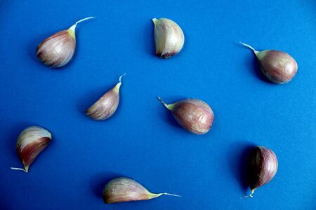 fresh harvest of garlic cloves lies on a blue backgroundの写真素材