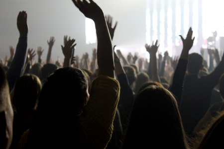 blurred photo people at a concert stand and wave their hands
