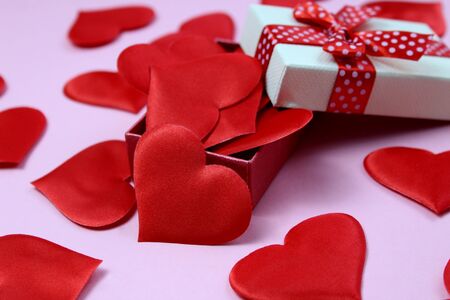 red heart shape a lot in gift box and aroundの写真素材