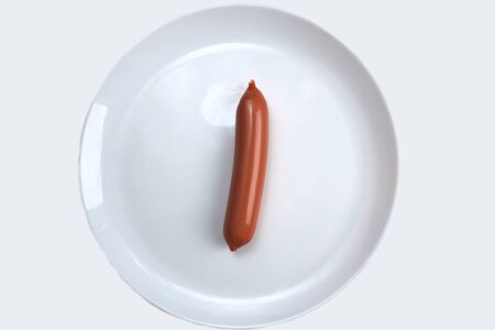 One sausage lies on a white plateの写真素材