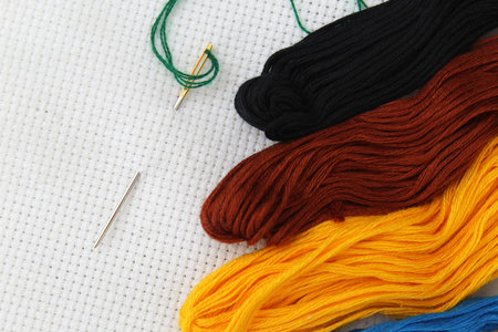 Needle with a large eye and with a green thread for embroidery