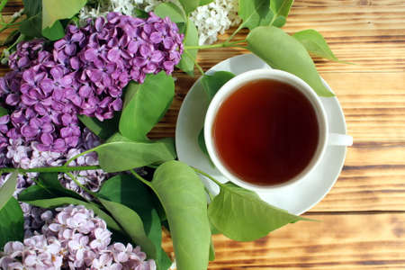 Still life, a bouquet of lilacs with a cup of tea in the early morningの写真素材
