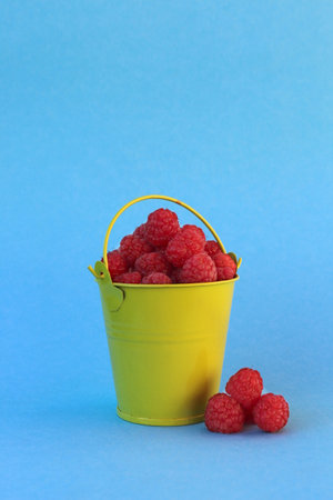 Decorative bucket with ripe raspberries on a blue backgroundの写真素材